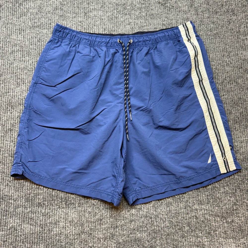 Nautica Mens Blue Swim Trunks XXL White Stripe Drawstring Quick Dry Board Shorts